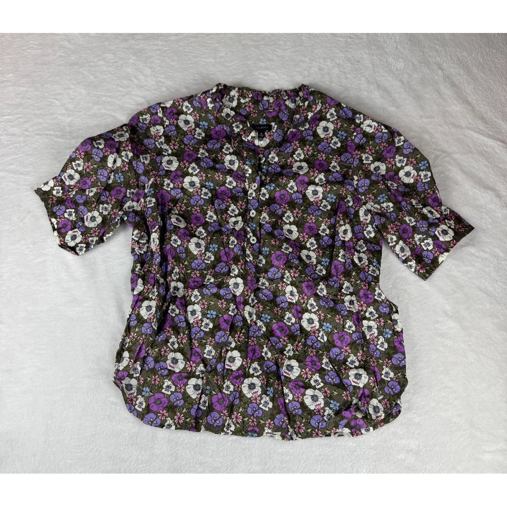 Talbots Blouse Top Women Medium Multi Poppy Ditsy Print Elbow Sleeve Ruffle Neck